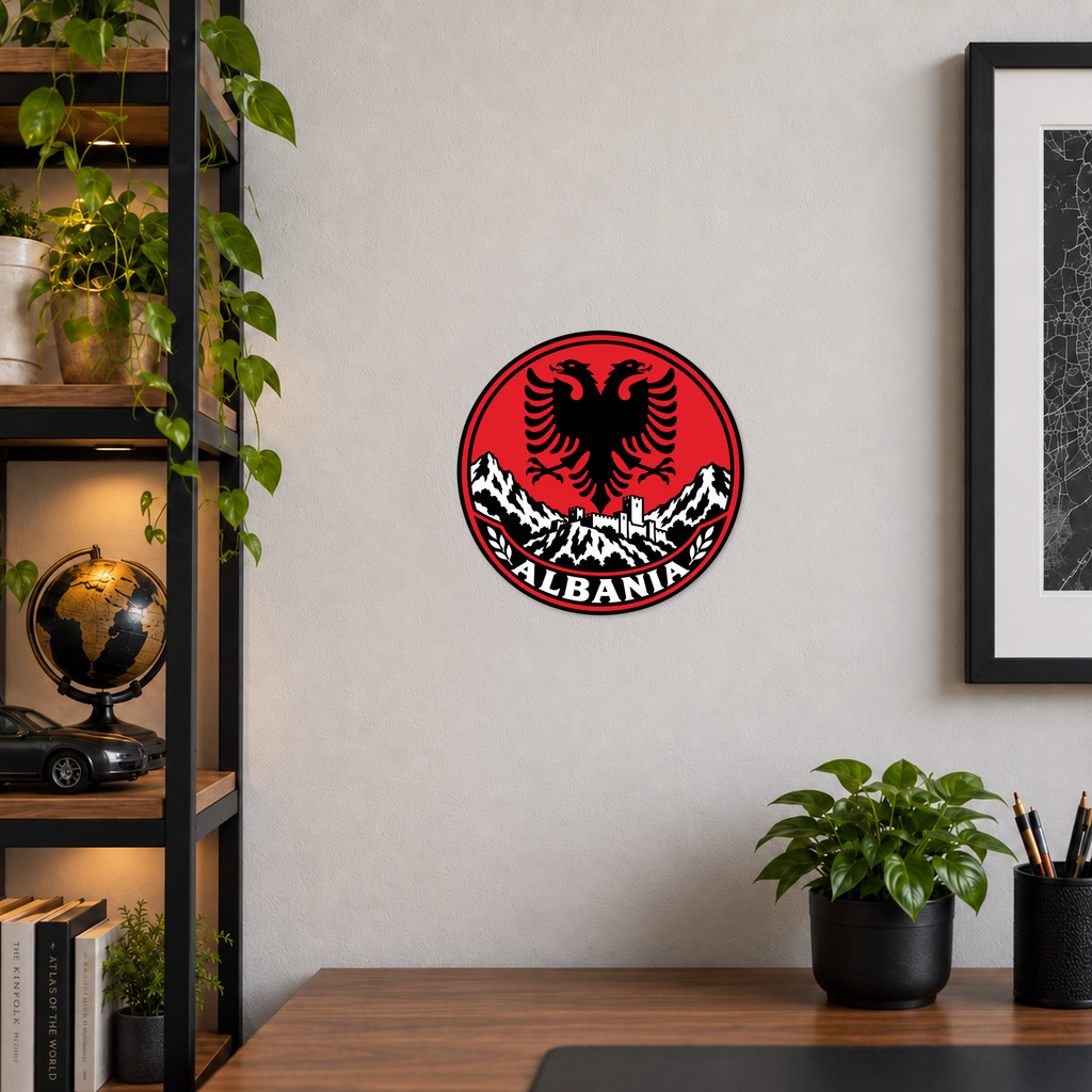 Albania 3D-printed country seal displayed on a home office wall at approximately 9.5 inches across