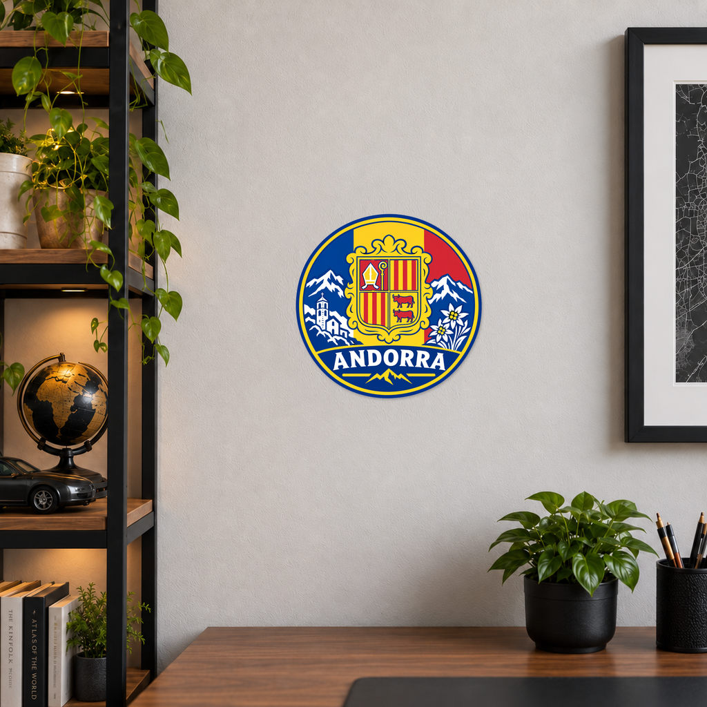 Andorra 3D-printed country seal displayed on a home office wall at approximately 9.5 inches across