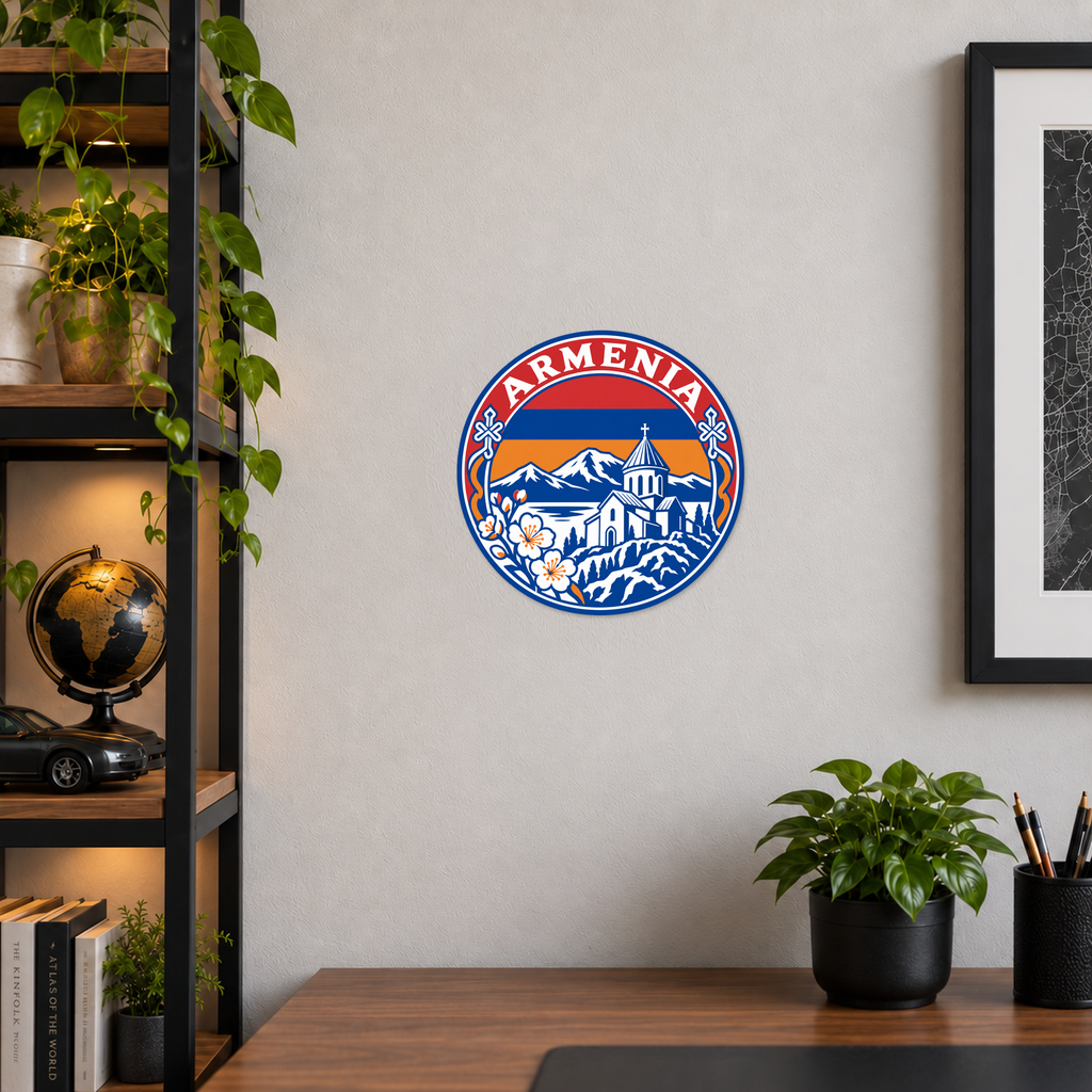 Armenia 3D-printed country seal displayed on a home office wall at approximately 9.5 inches across