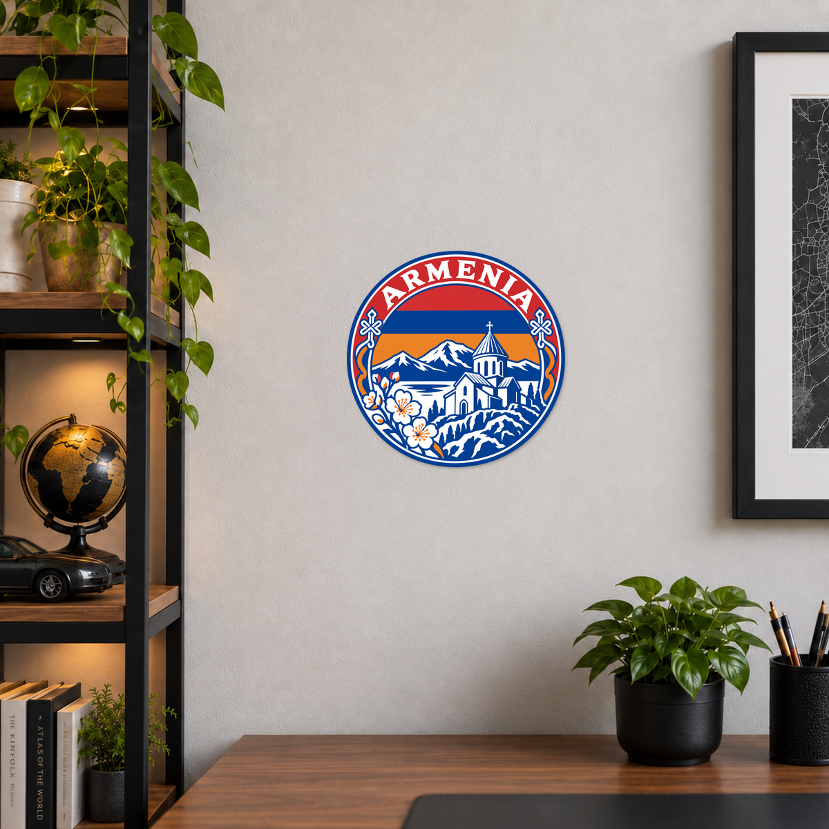 Armenia 3D-printed country seal displayed on a home office wall at approximately 9.5 inches across