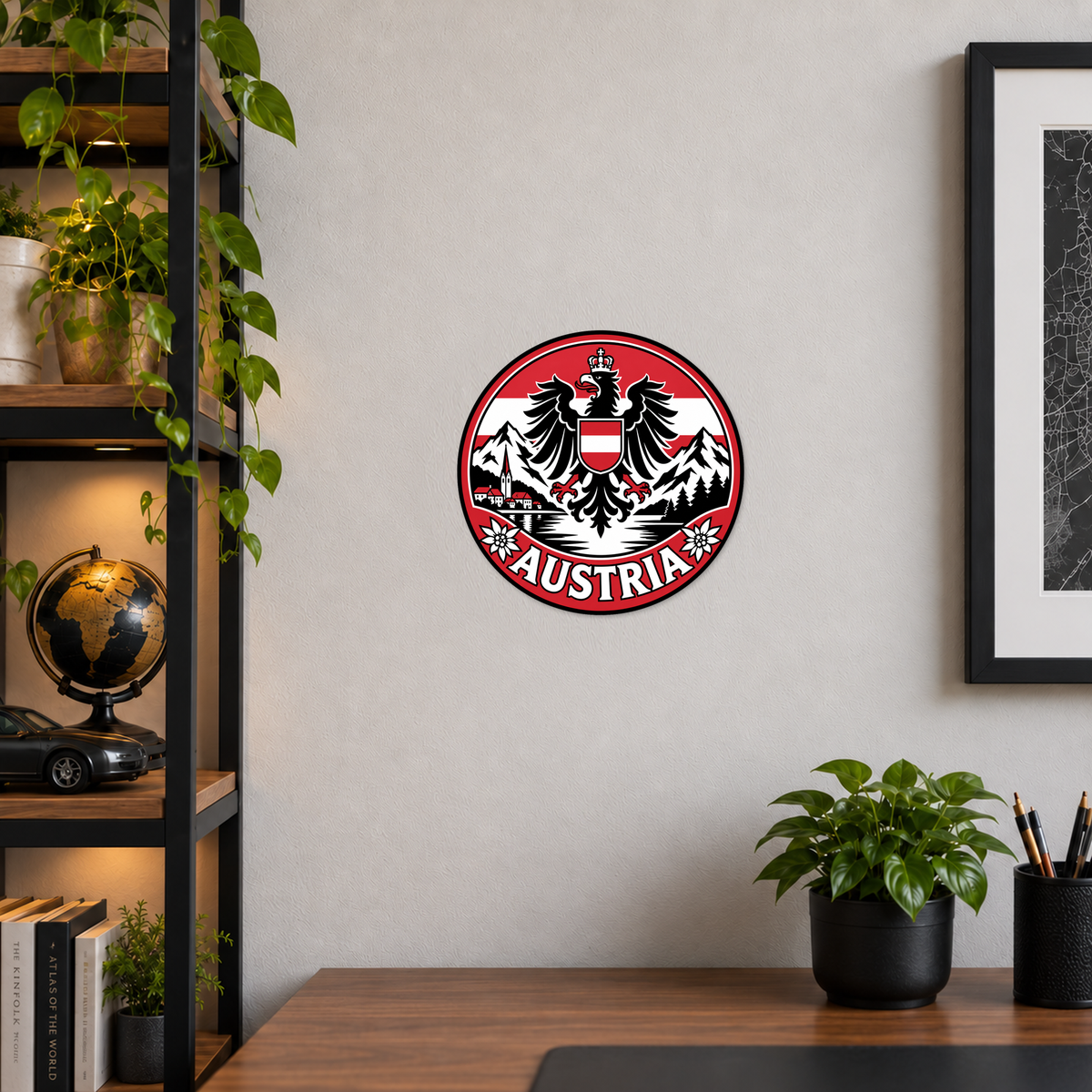 Austria 3D-printed country seal displayed on a home office wall at approximately 9.5 inches across