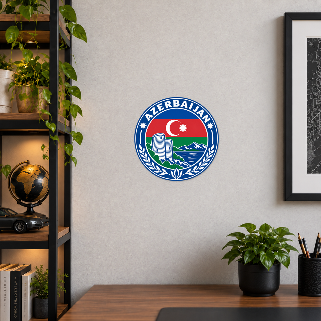 Azerbaijan 3D-printed country seal displayed on a home office wall at approximately 9.5 inches across