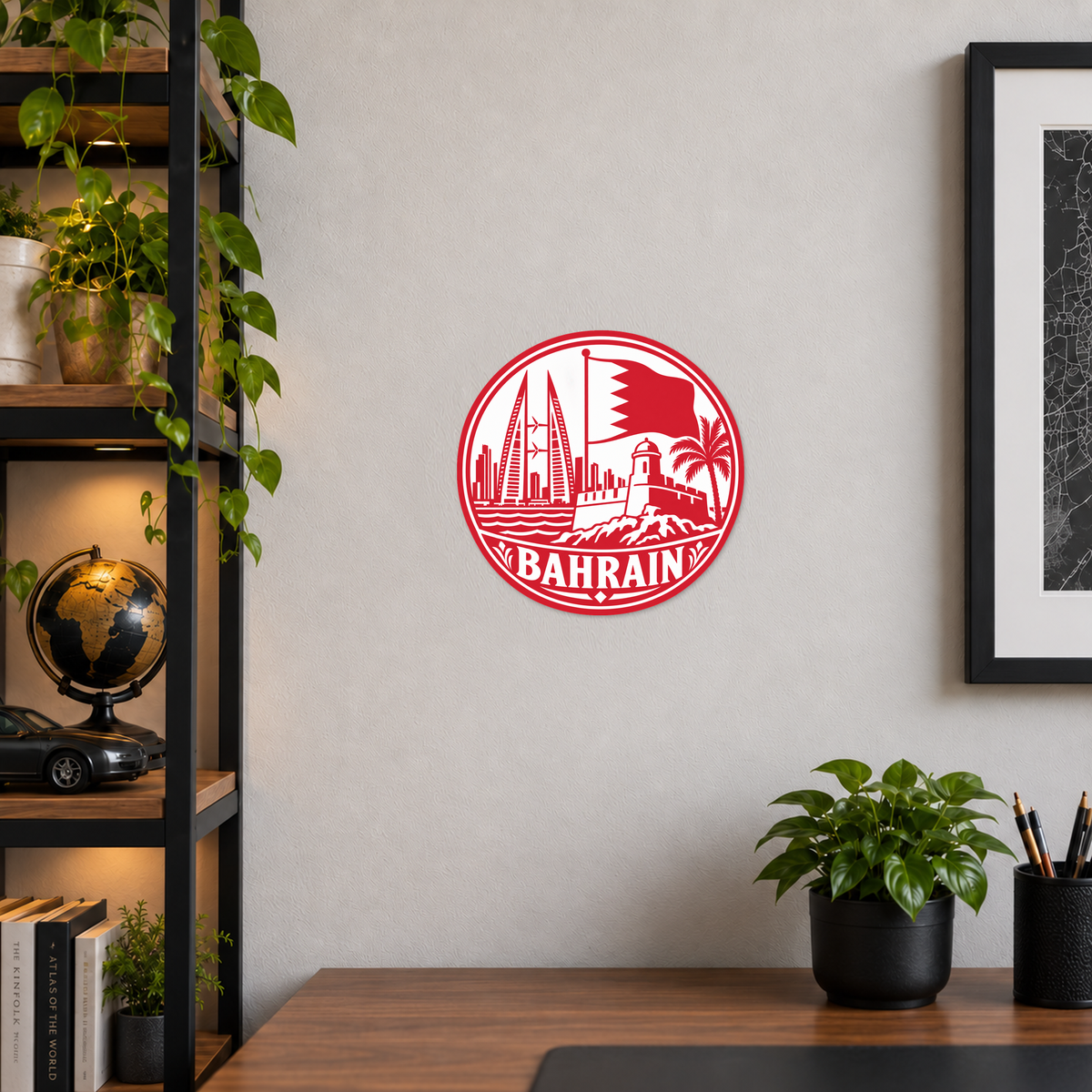 Bahrain 3D-printed country seal displayed on a home office wall at approximately 9.5 inches across