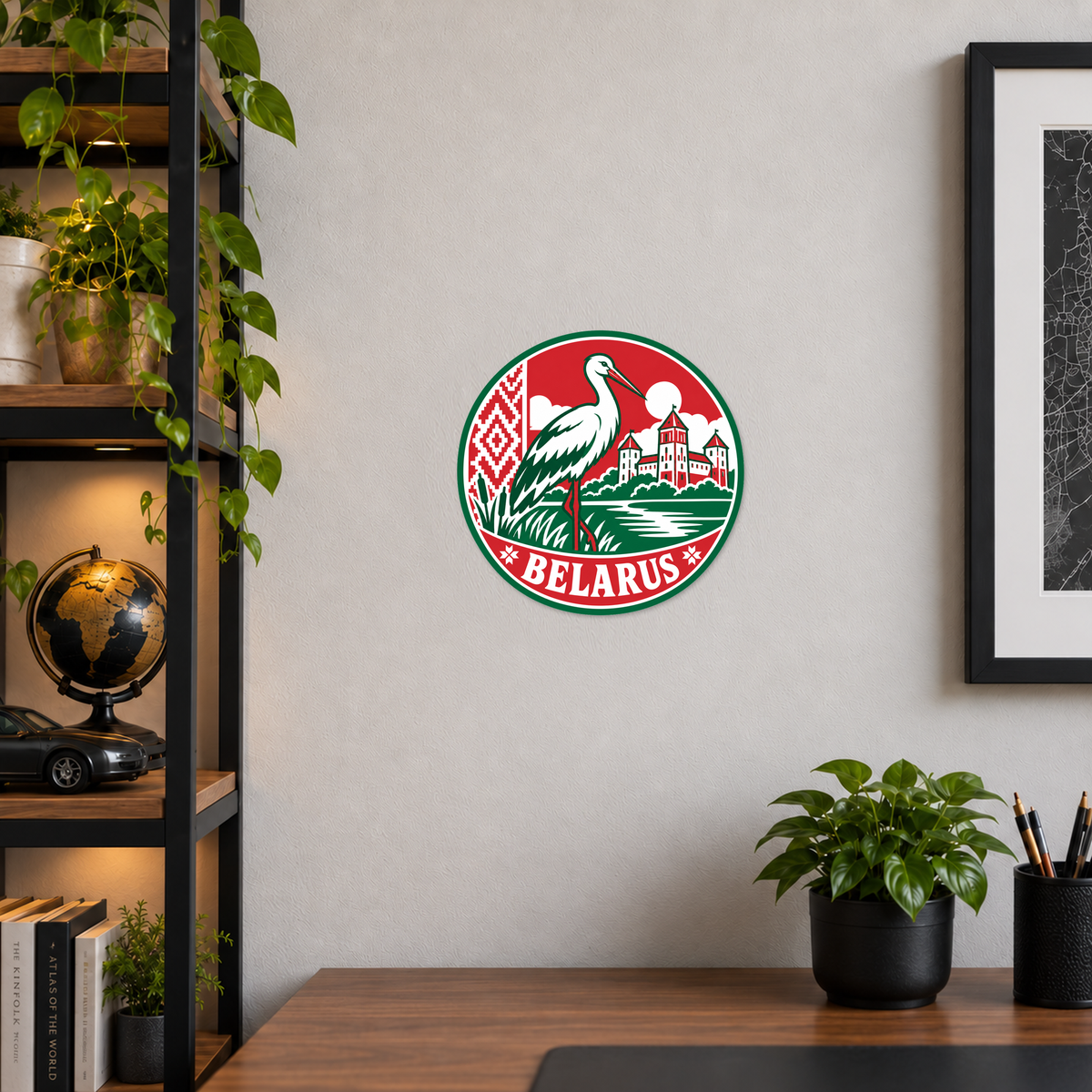 Belarus 3D-printed country seal displayed on a home office wall at approximately 9.5 inches across