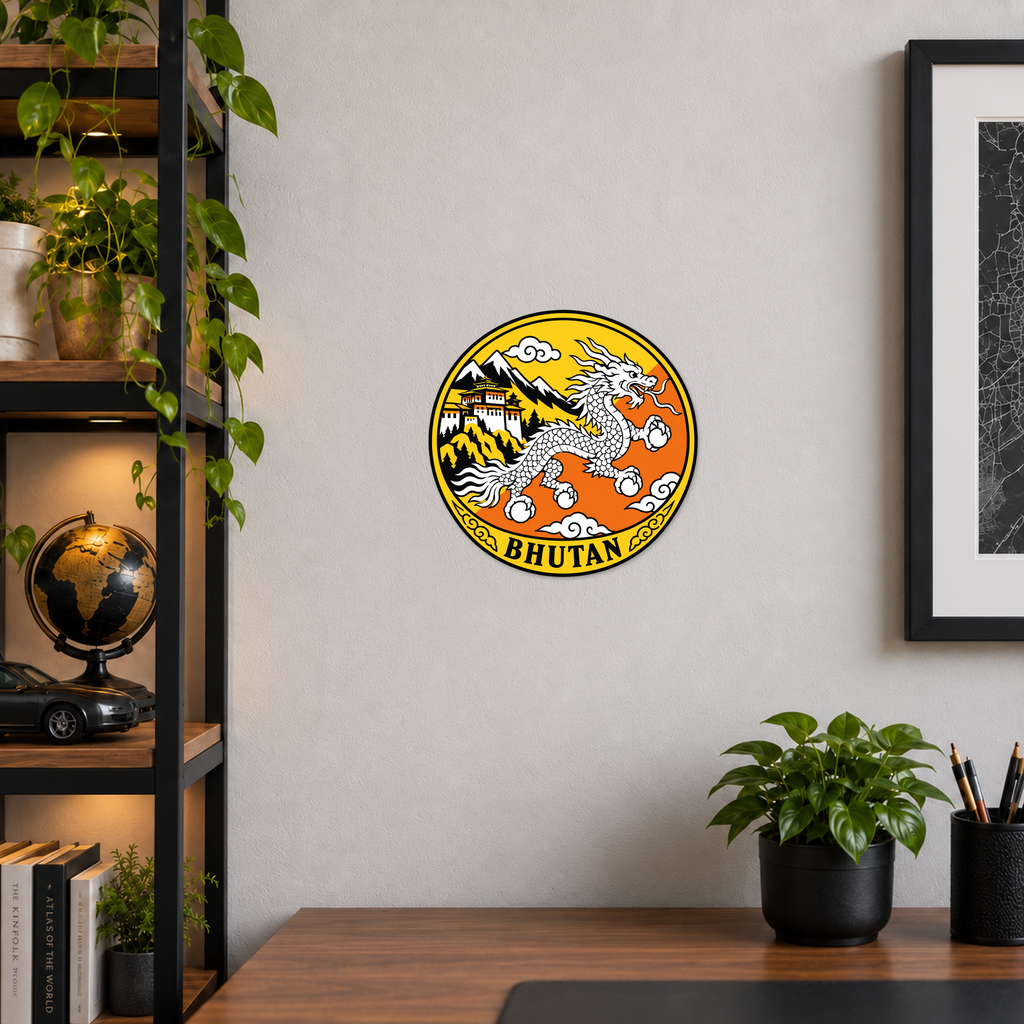 Bhutan 3D-printed country seal displayed on a home office wall at approximately 9.5 inches across