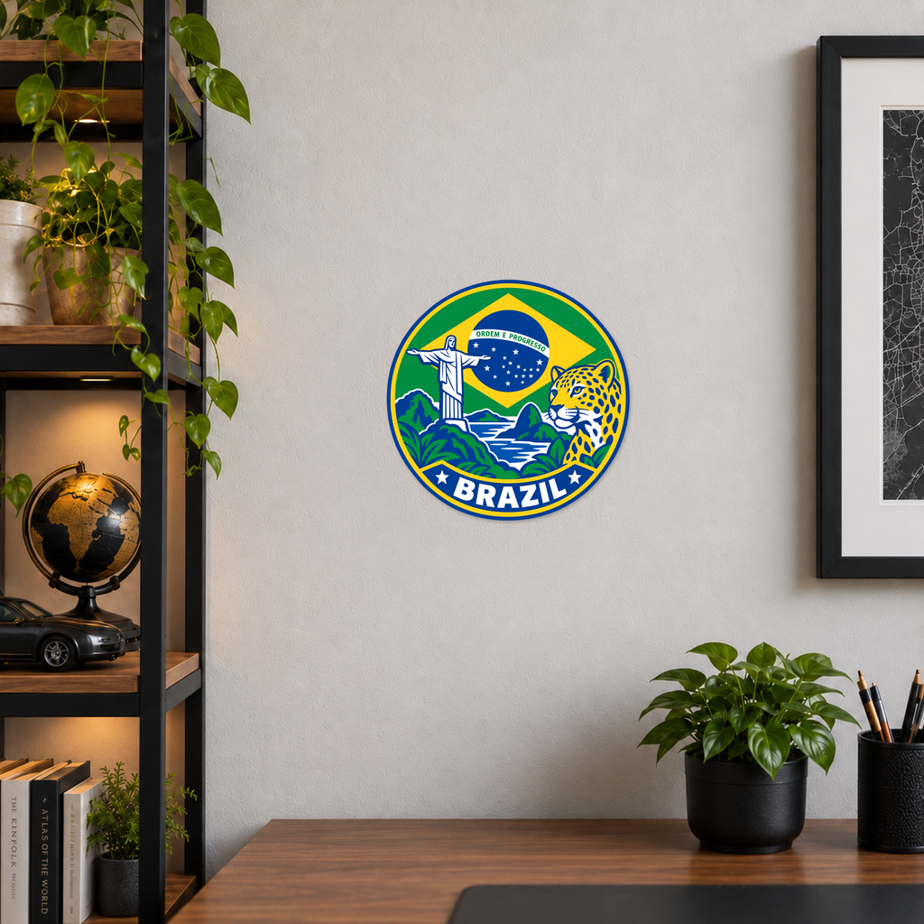 Brazil 3D-printed country seal displayed on a home office wall at approximately 9.5 inches across