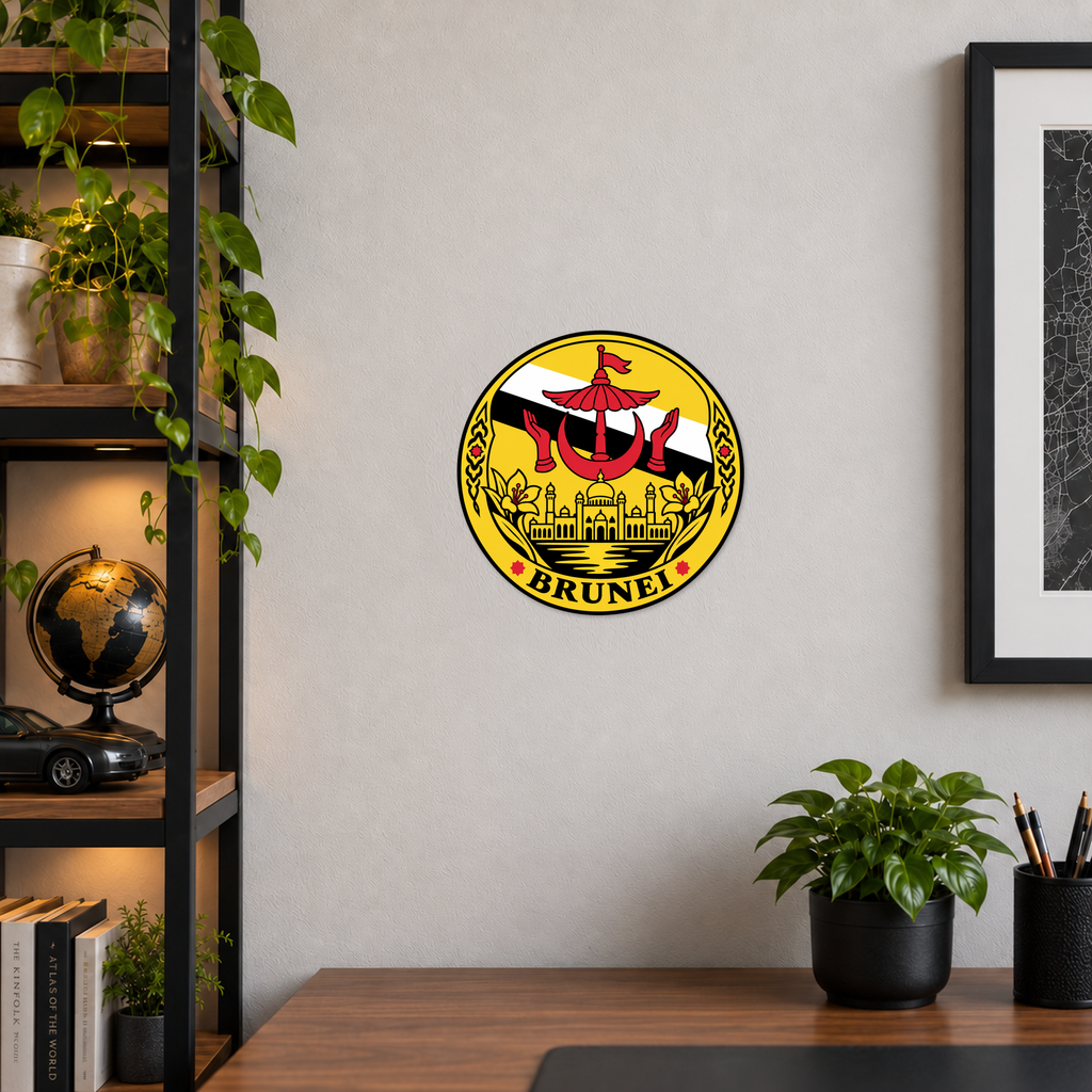 Brunei 3D-printed country seal displayed on a home office wall at approximately 9.5 inches across