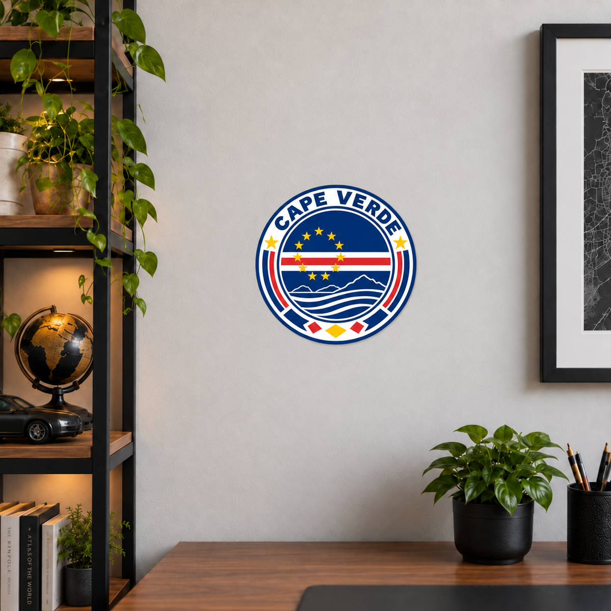Cape Verde 3D-printed country seal displayed on a home office wall at approximately 9.5 inches across