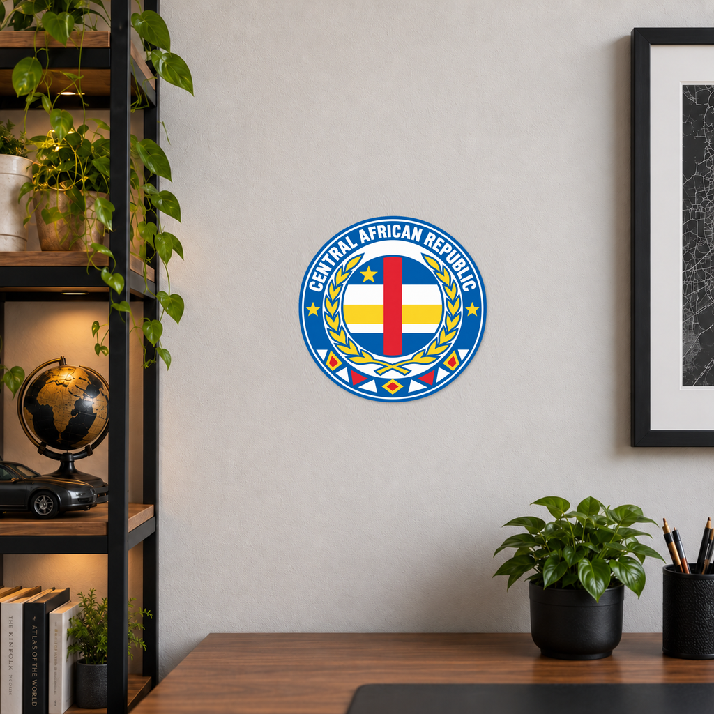 Central African Republic 3D-printed country seal displayed on a home office wall at approximately 9.5 inches across