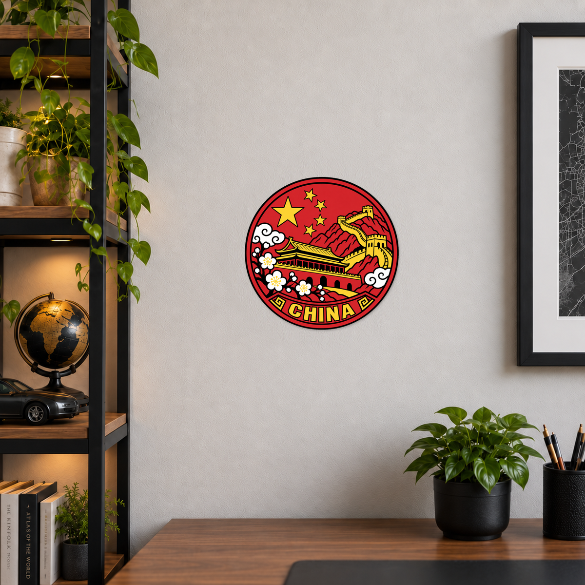 China 3D-printed country seal displayed on a home office wall at approximately 9.5 inches across