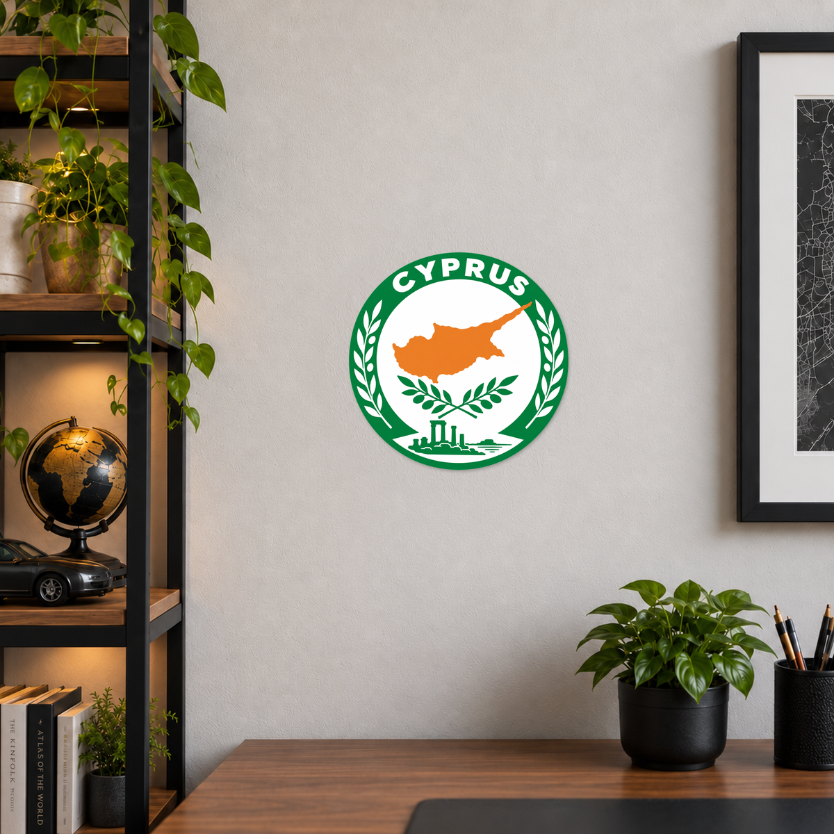 Cyprus 3D-printed country seal displayed on a home office wall at approximately 9.5 inches across
