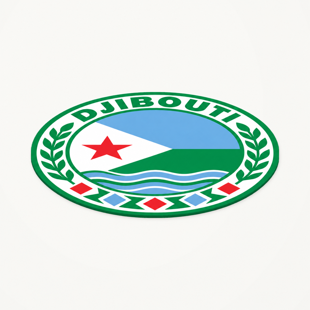 Angled view showing the thin profile of the Djibouti 3D-printed country seal