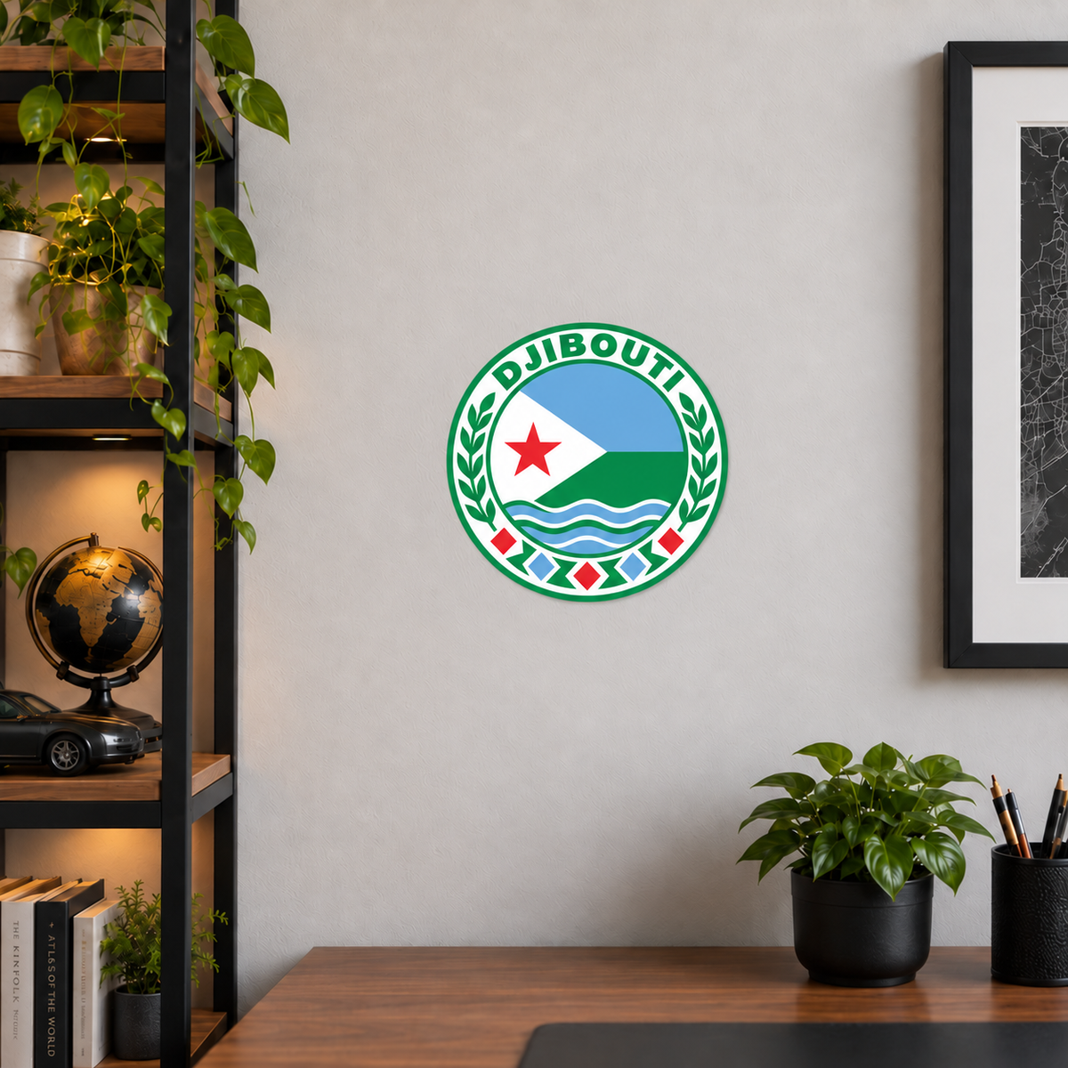 Djibouti 3D-printed country seal displayed on a home office wall at approximately 9.5 inches across