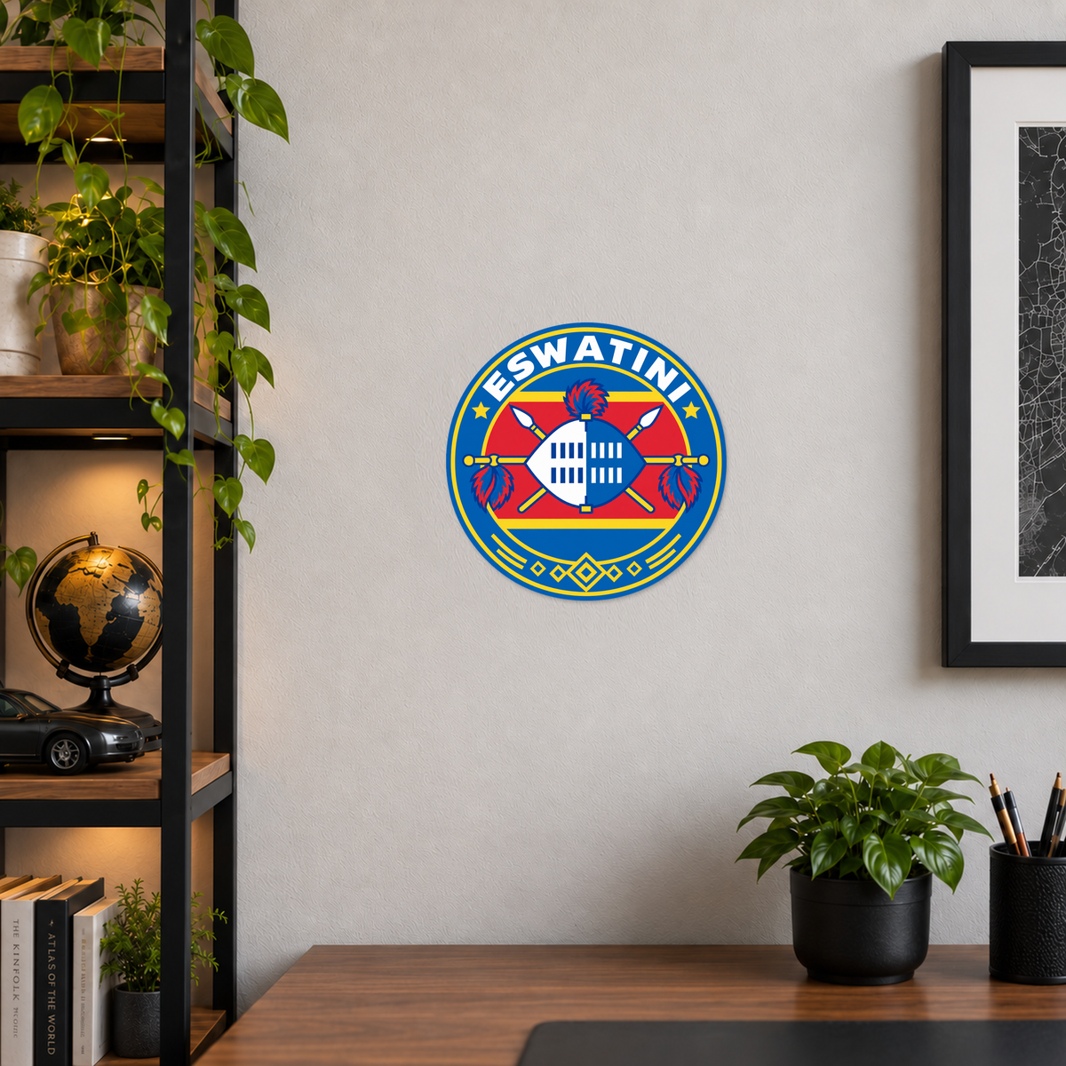Eswatini 3D-printed country seal displayed on a home office wall at approximately 9.5 inches across
