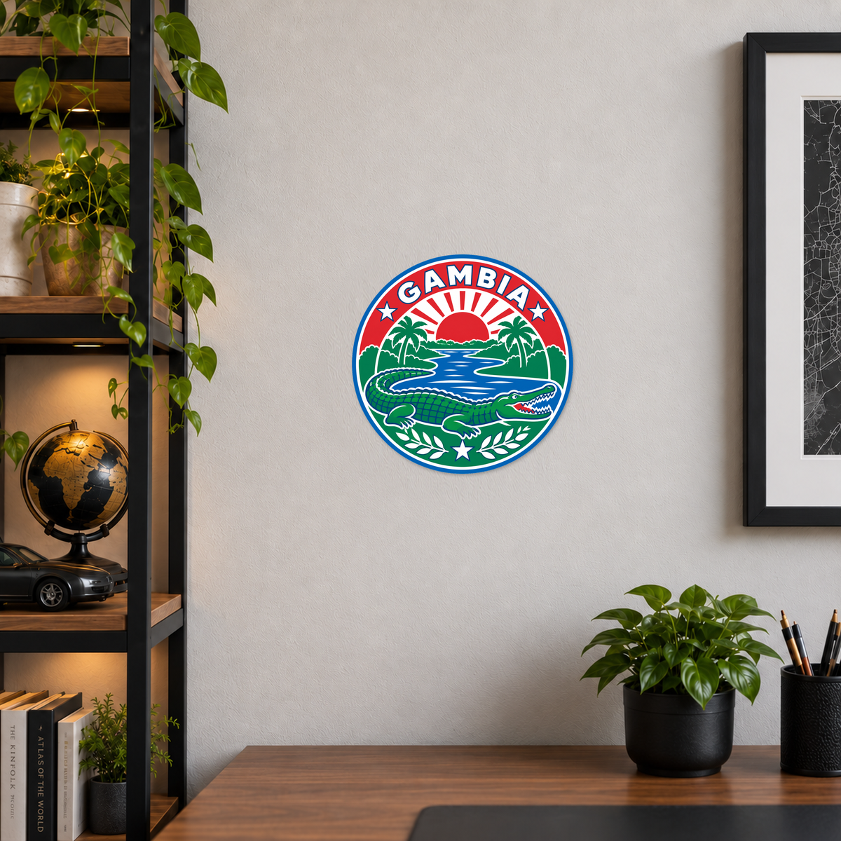 Gambia 3D-printed country seal displayed on a home office wall at approximately 9.5 inches across