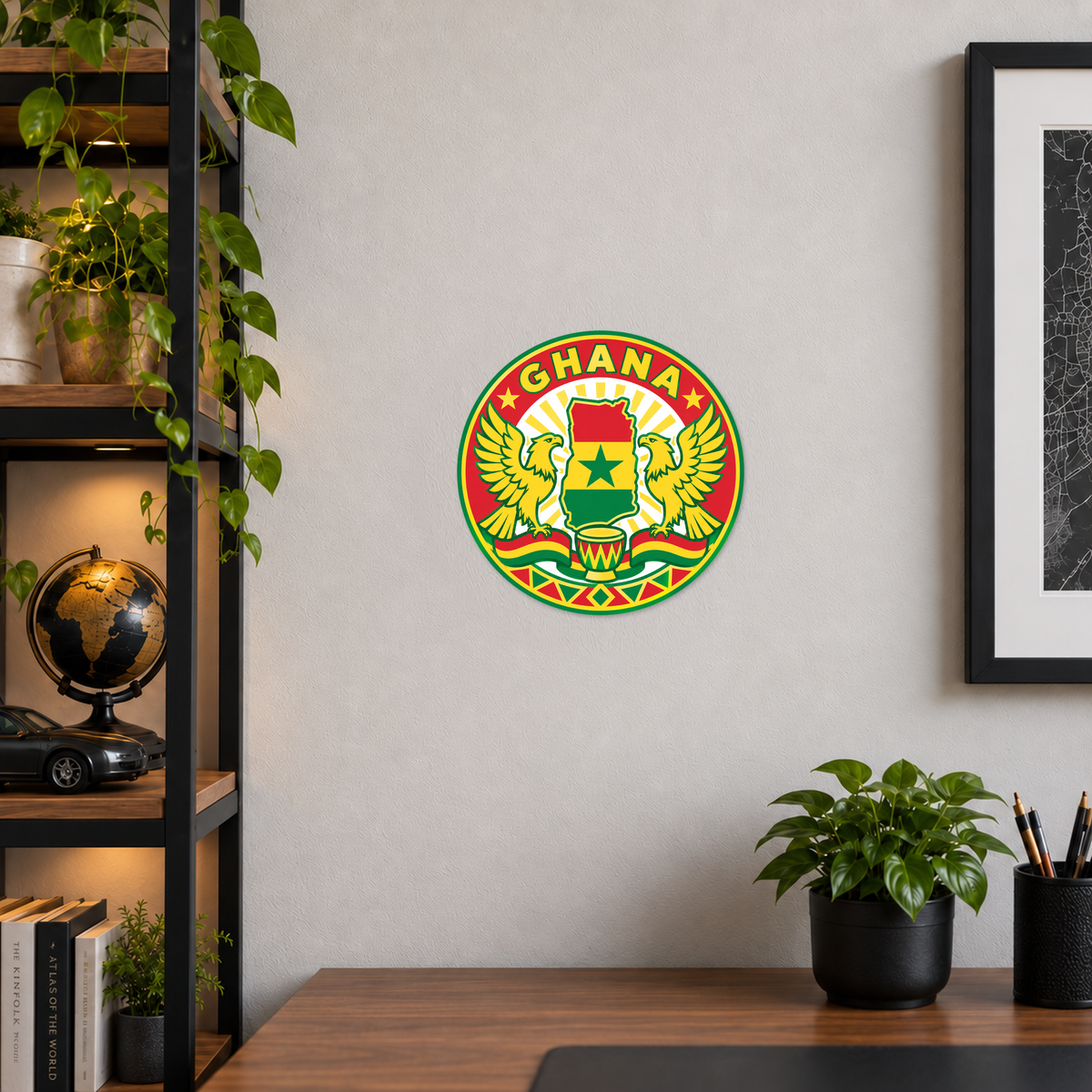 Ghana 3D-printed country seal displayed on a home office wall at approximately 9.5 inches across