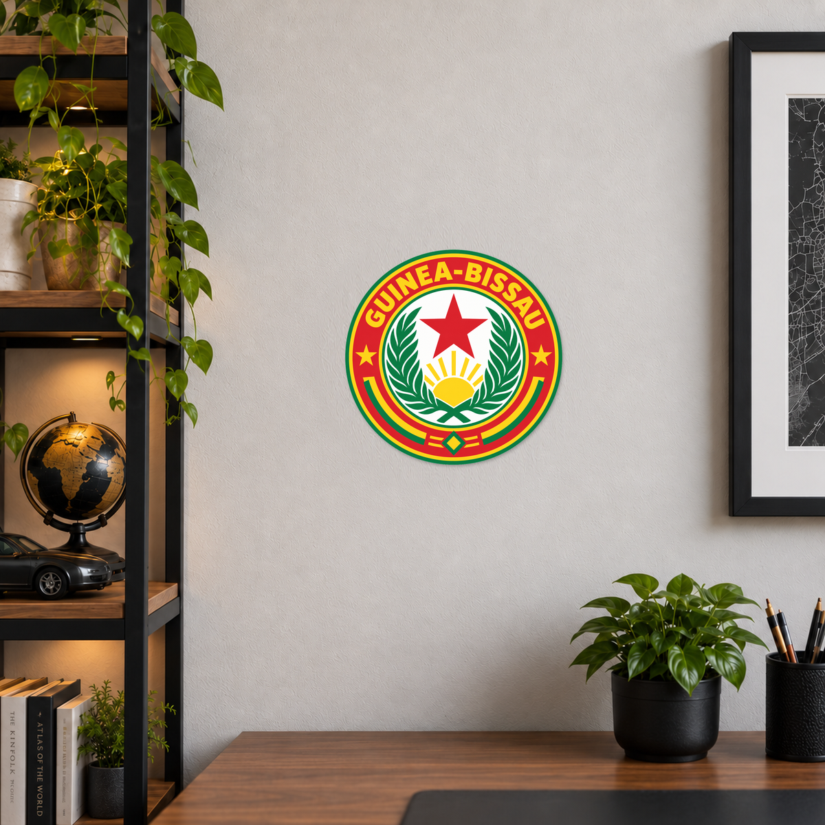 Guinea-Bissau 3D-printed country seal displayed on a home office wall at approximately 9.5 inches across