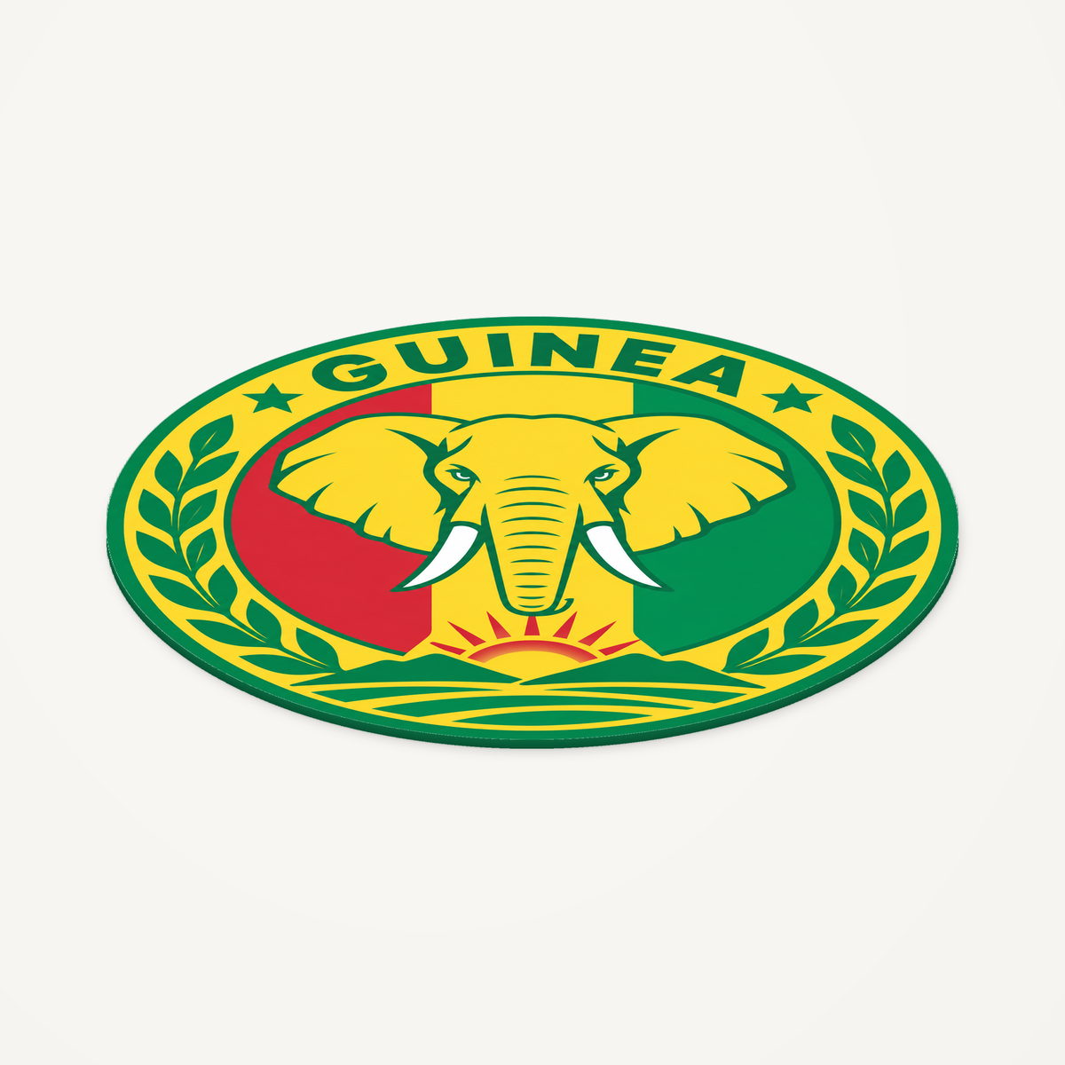 Angled view showing the thin profile of the Guinea 3D-printed country seal