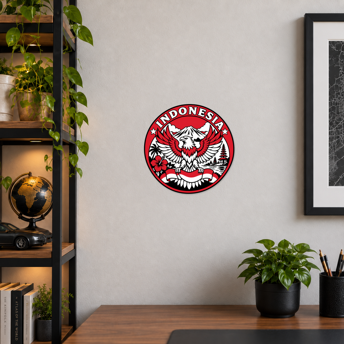 Indonesia 3D-printed country seal displayed on a home office wall at approximately 9.5 inches across