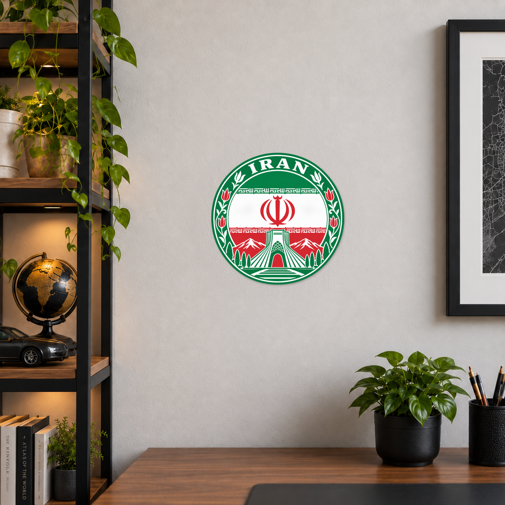 Iran 3D-printed country seal displayed on a home office wall at approximately 9.5 inches across