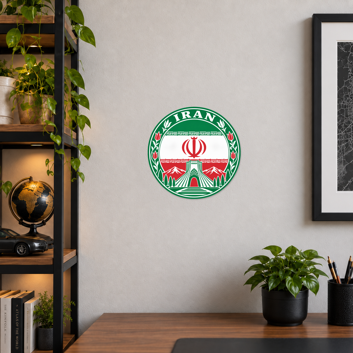 Iran 3D-printed country seal displayed on a home office wall at approximately 9.5 inches across