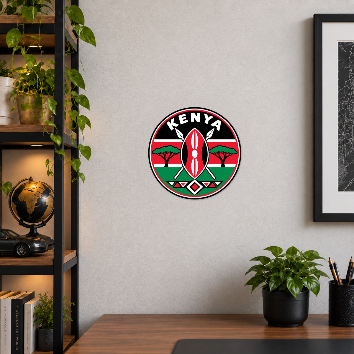 Kenya 3D-printed country seal displayed on a home office wall at approximately 9.5 inches across