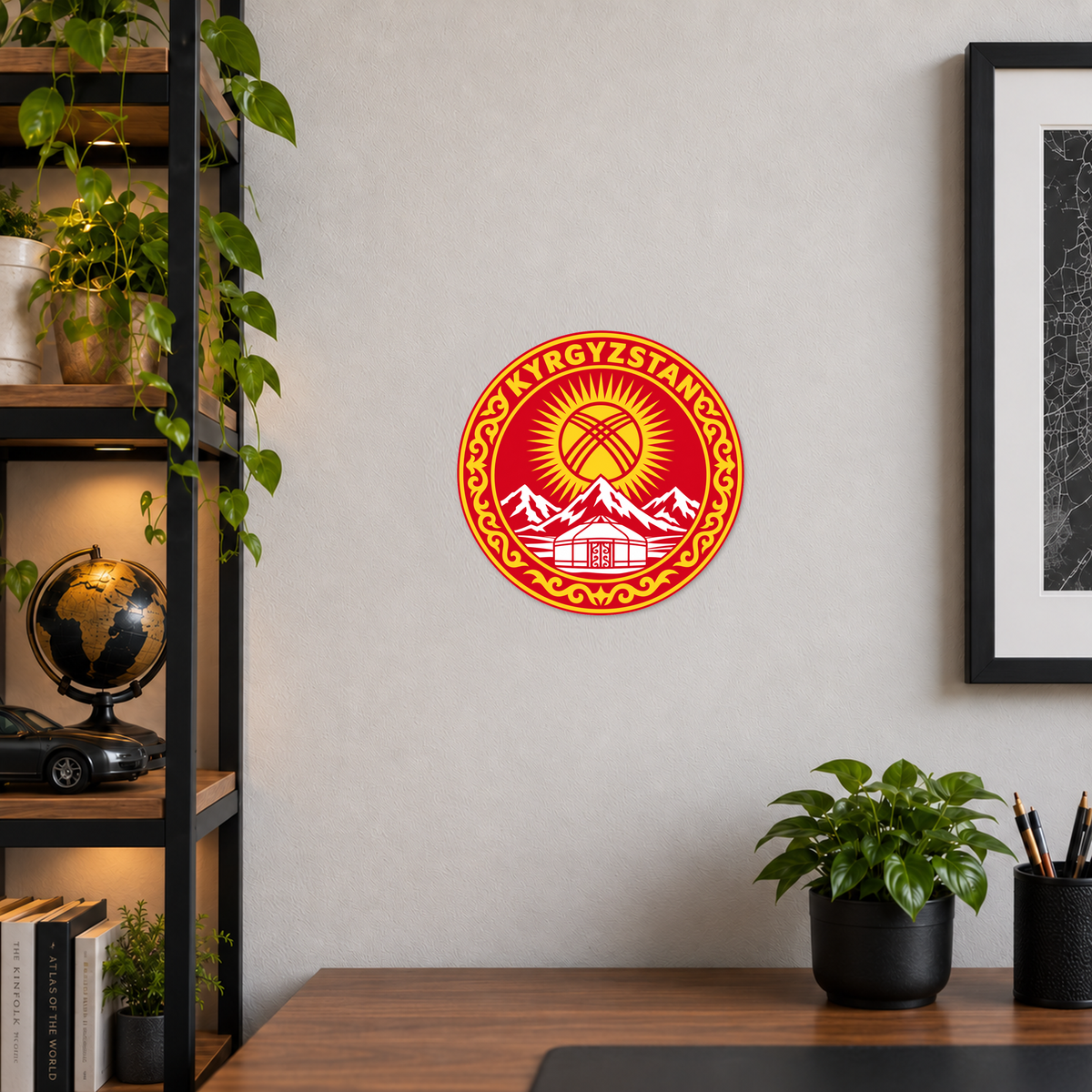 Kyrgyzstan 3D-printed country seal displayed on a home office wall at approximately 9.5 inches across
