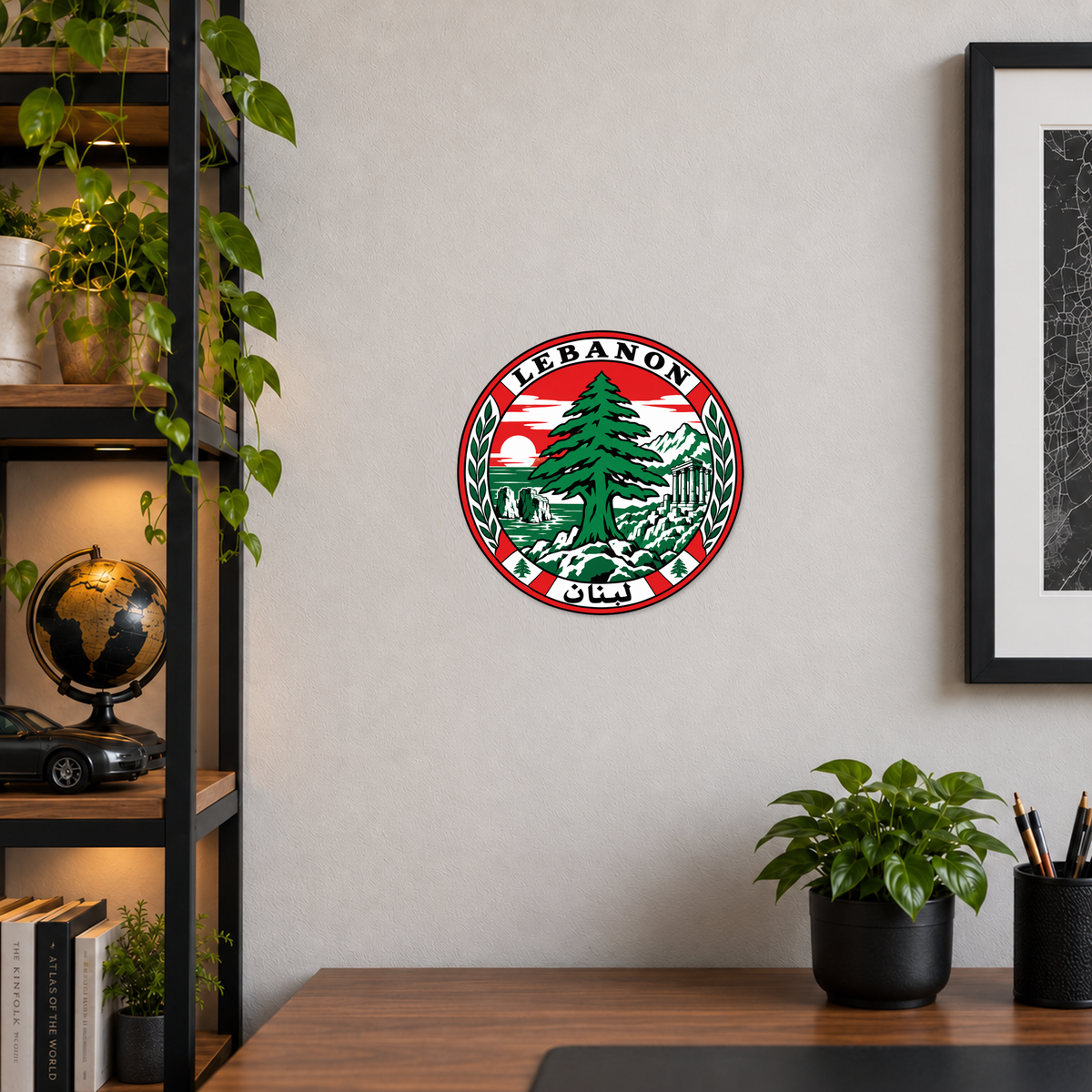 Lebanon 3D-printed country seal displayed on a home office wall at approximately 9.5 inches across