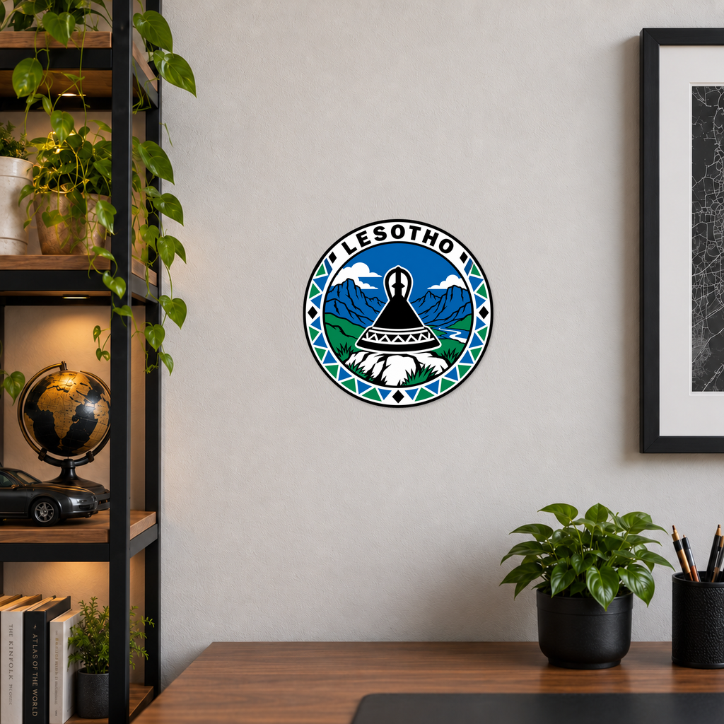 Lesotho 3D-printed country seal displayed on a home office wall at approximately 9.5 inches across