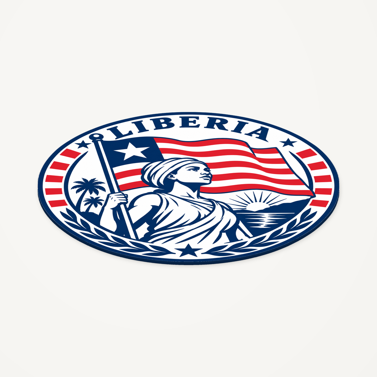 Angled view showing the thin profile of the Liberia 3D-printed country seal