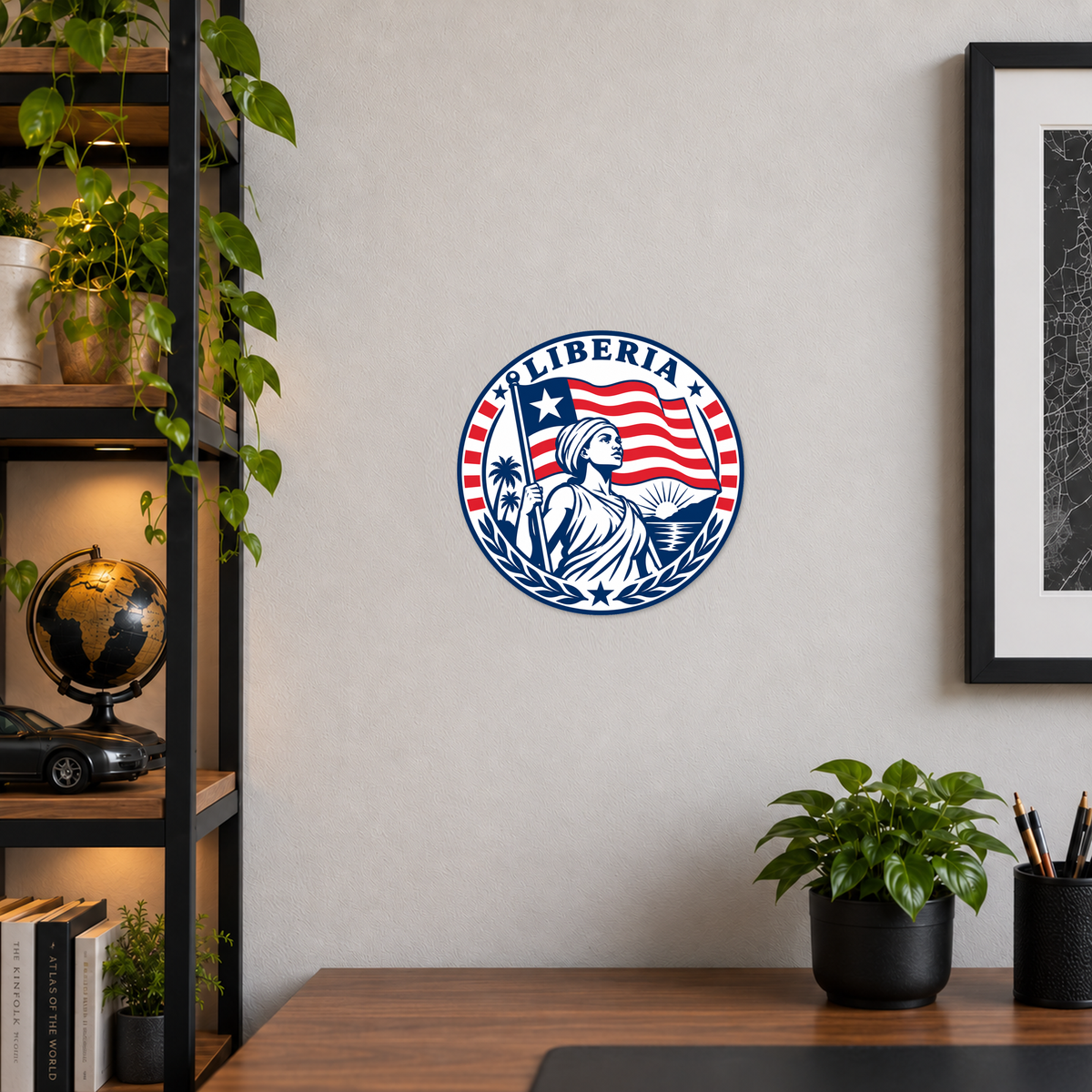 Liberia 3D-printed country seal displayed on a home office wall at approximately 9.5 inches across
