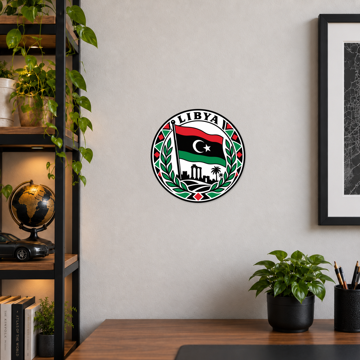 Libya 3D-printed country seal displayed on a home office wall at approximately 9.5 inches across