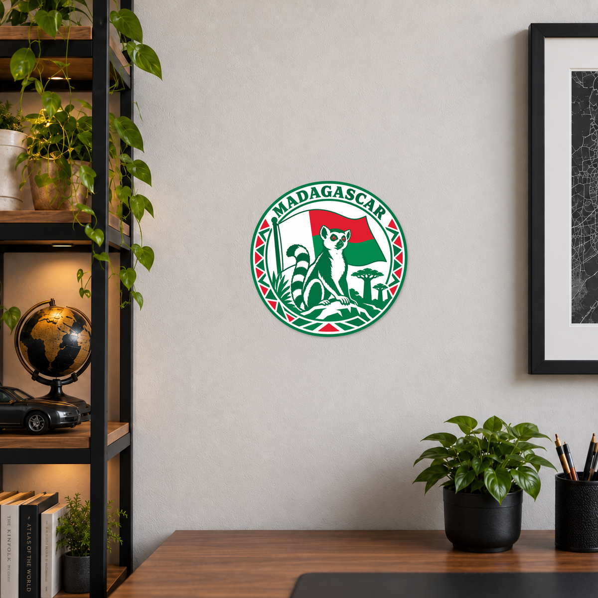 Madagascar 3D-printed country seal displayed on a home office wall at approximately 9.5 inches across