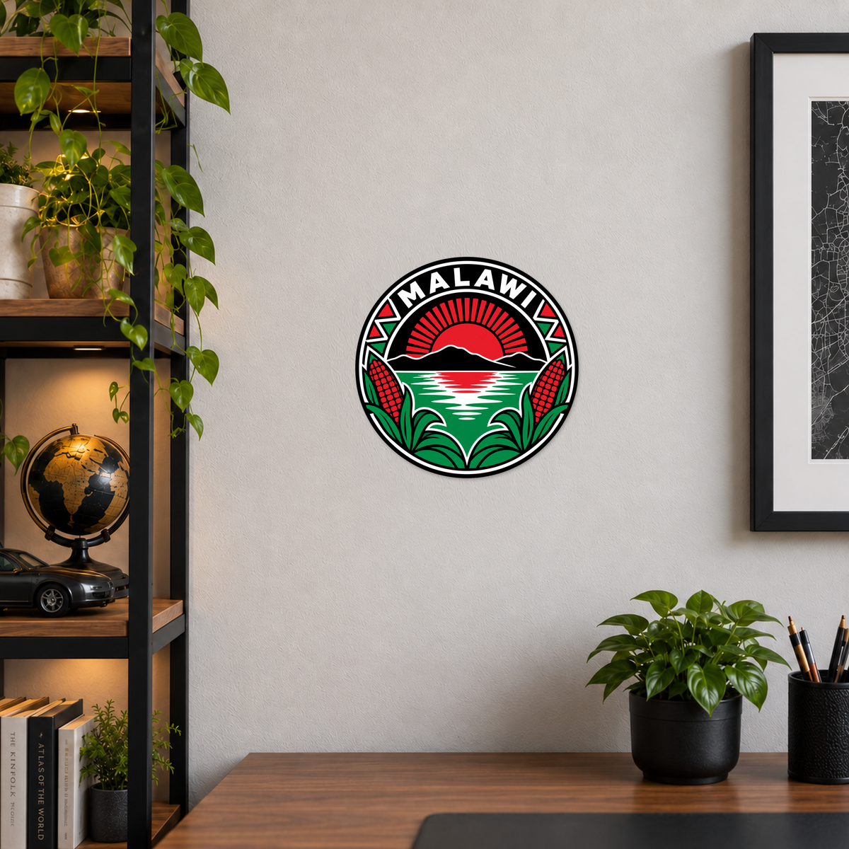 Malawi 3D-printed country seal displayed on a home office wall at approximately 9.5 inches across