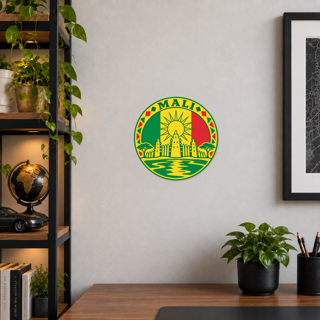 Mali 3D-printed country seal displayed on a home office wall at approximately 9.5 inches across