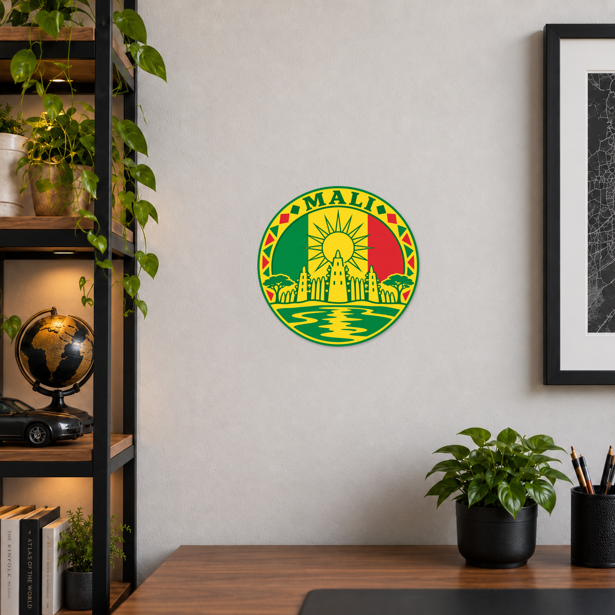 Mali 3D-printed country seal displayed on a home office wall at approximately 9.5 inches across