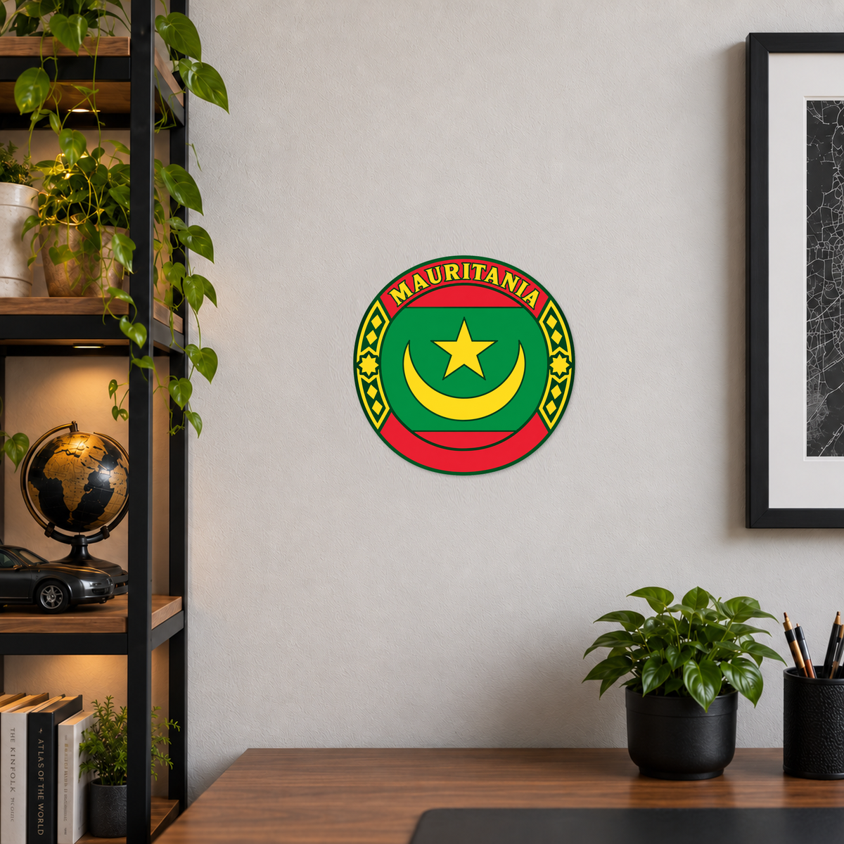 Mauritania 3D-printed country seal displayed on a home office wall at approximately 9.5 inches across