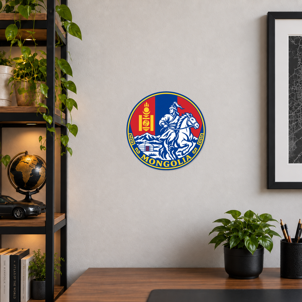 Mongolia 3D-printed country seal displayed on a home office wall at approximately 9.5 inches across