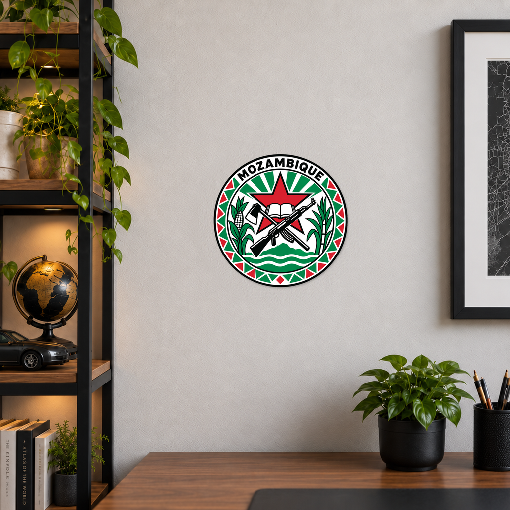 Mozambique 3D-printed country seal displayed on a home office wall at approximately 9.5 inches across