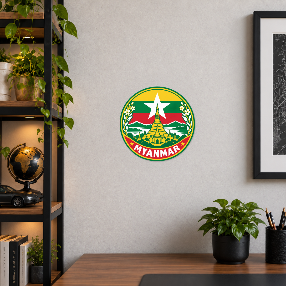 Myanmar 3D-printed country seal displayed on a home office wall at approximately 9.5 inches across
