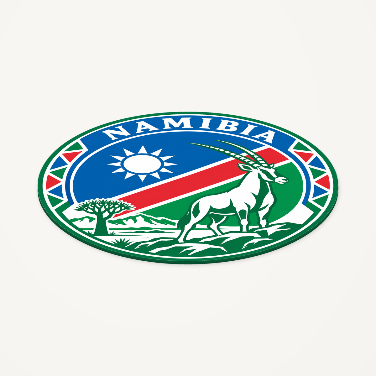 Angled view showing the thin profile of the Namibia 3D-printed country seal