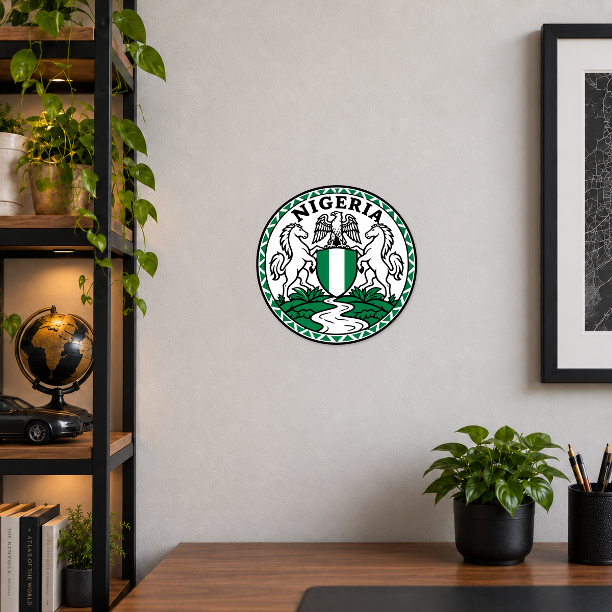 Nigeria 3D-printed country seal displayed on a home office wall at approximately 9.5 inches across