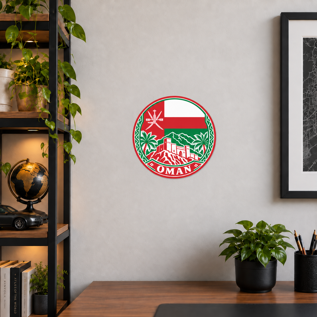 Oman 3D-printed country seal displayed on a home office wall at approximately 9.5 inches across