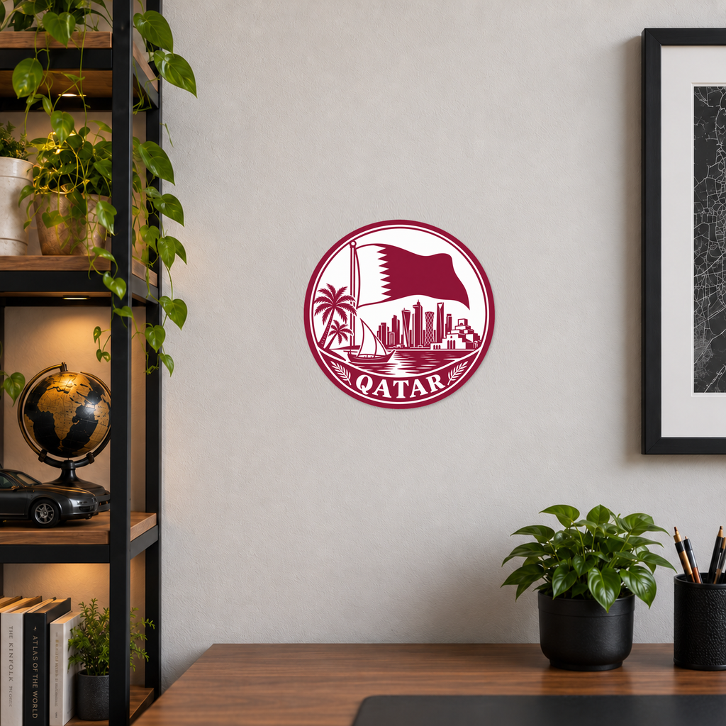 Qatar 3D-printed country seal displayed on a home office wall at approximately 9.5 inches across
