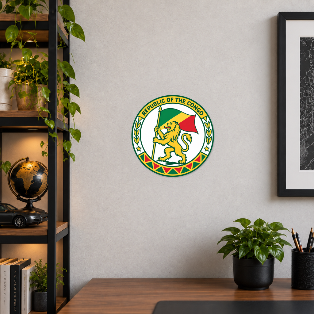 Republic of the Congo 3D-printed country seal displayed on a home office wall at approximately 9.5 inches across