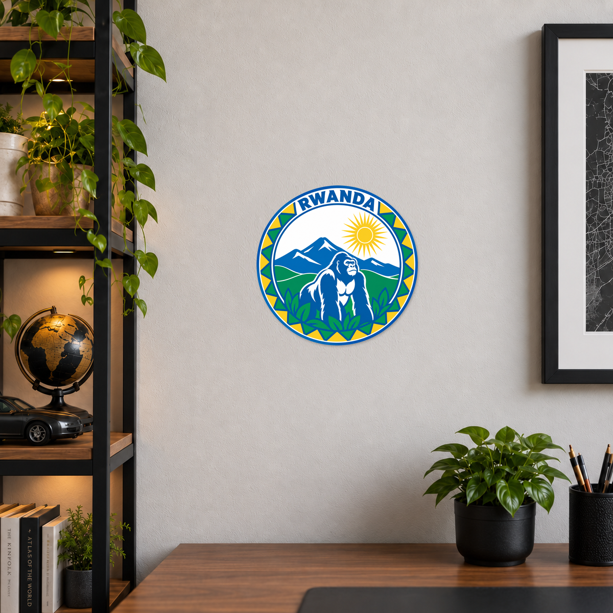 Rwanda 3D-printed country seal displayed on a home office wall at approximately 9.5 inches across