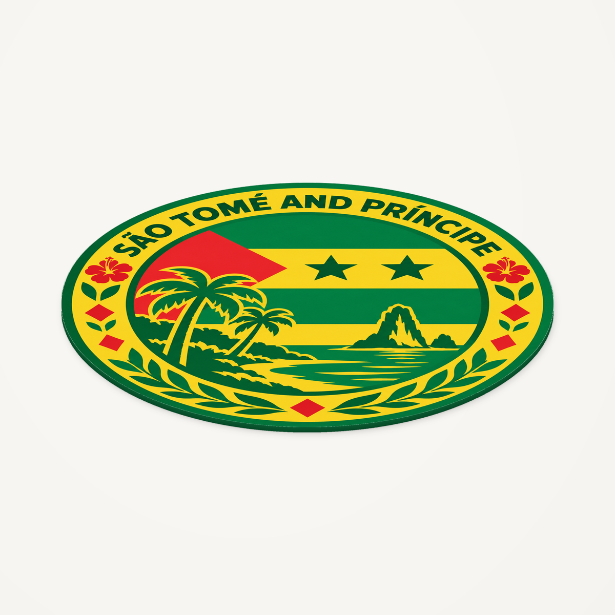 Angled view showing the thin profile of the São Tomé and Príncipe 3D-printed country seal