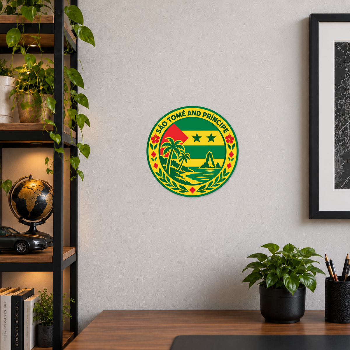 São Tomé and Príncipe 3D-printed country seal displayed on a home office wall at approximately 9.5 inches across