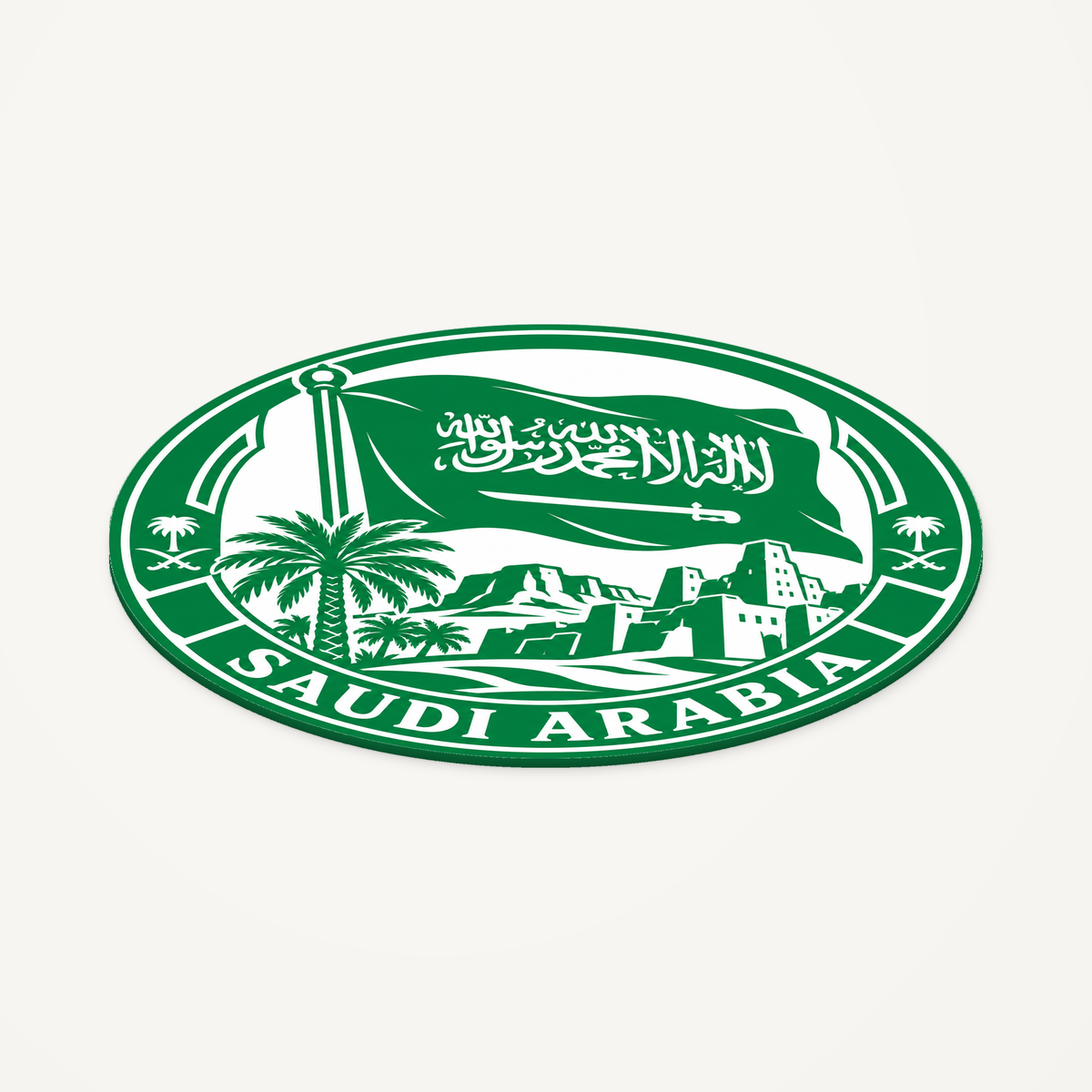 Angled view showing the thin profile of the Saudi Arabia 3D-printed country seal