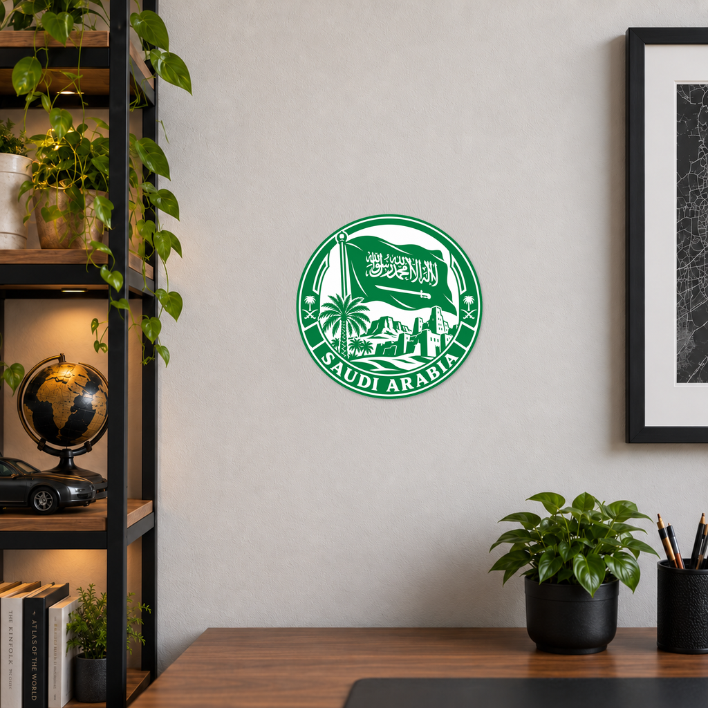 Saudi Arabia 3D-printed country seal displayed on a home office wall at approximately 9.5 inches across